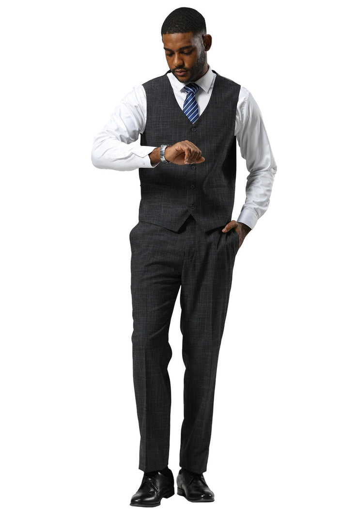 Men's Stacy Adams One Button Peak Lapel Vested Sharkskin Suit in Charcoal