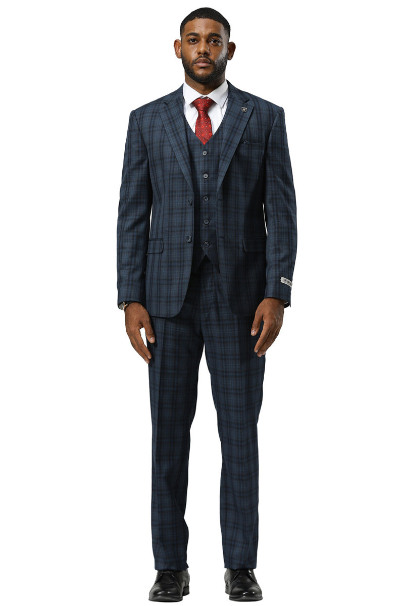 Men's Stacy Adams Modern Fit Vested Suit in Navy Blue Double Windowpane ...