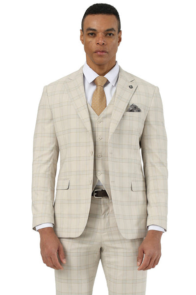 Men's Designer Stacy Adams Vested Glen Plaid Suit in Beige
