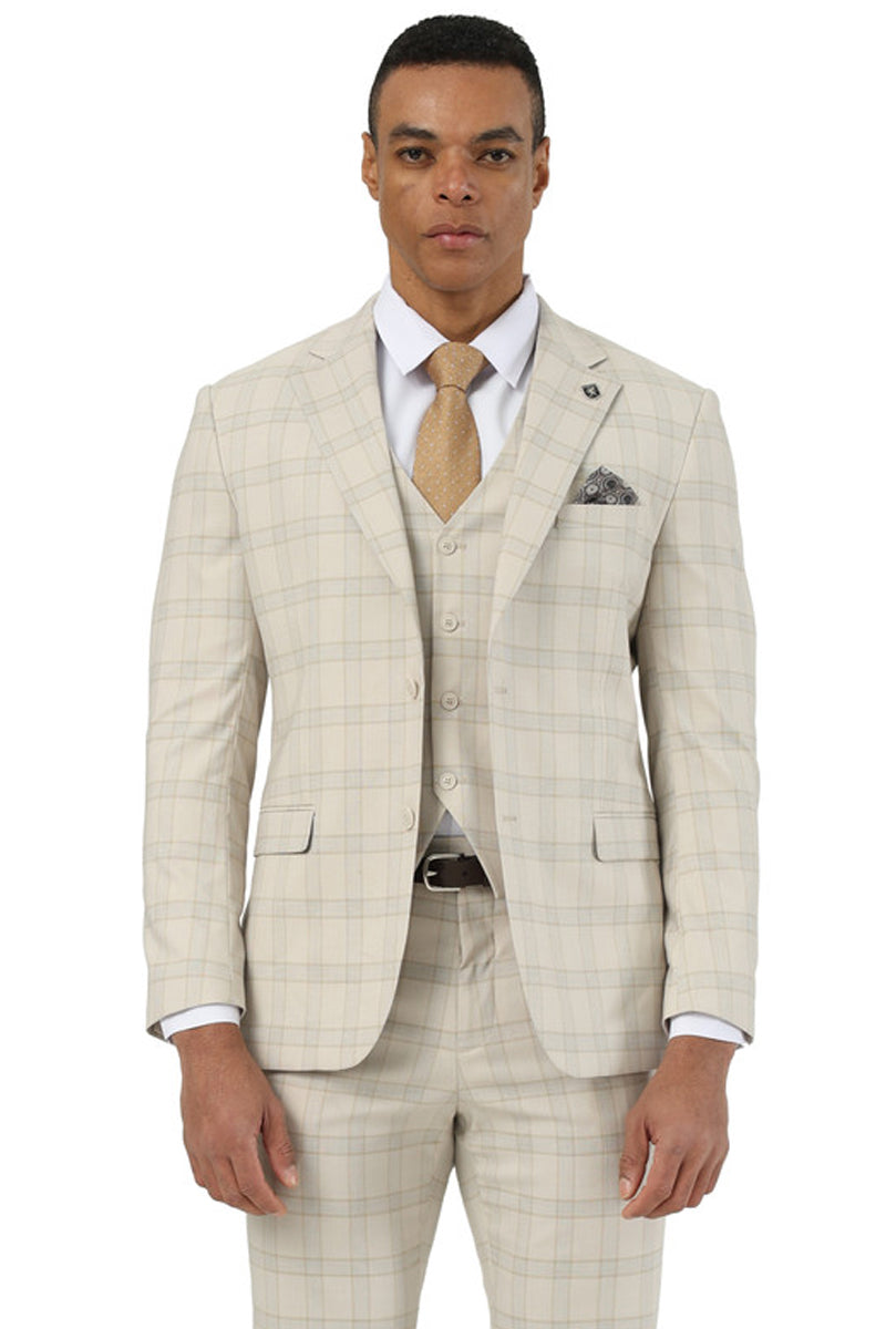 Men's Designer Stacy Adams Vested Glen Plaid Suit in Beige – SuitUSA
