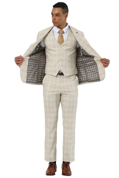Men's Designer Stacy Adams Vested Glen Plaid Suit in Beige