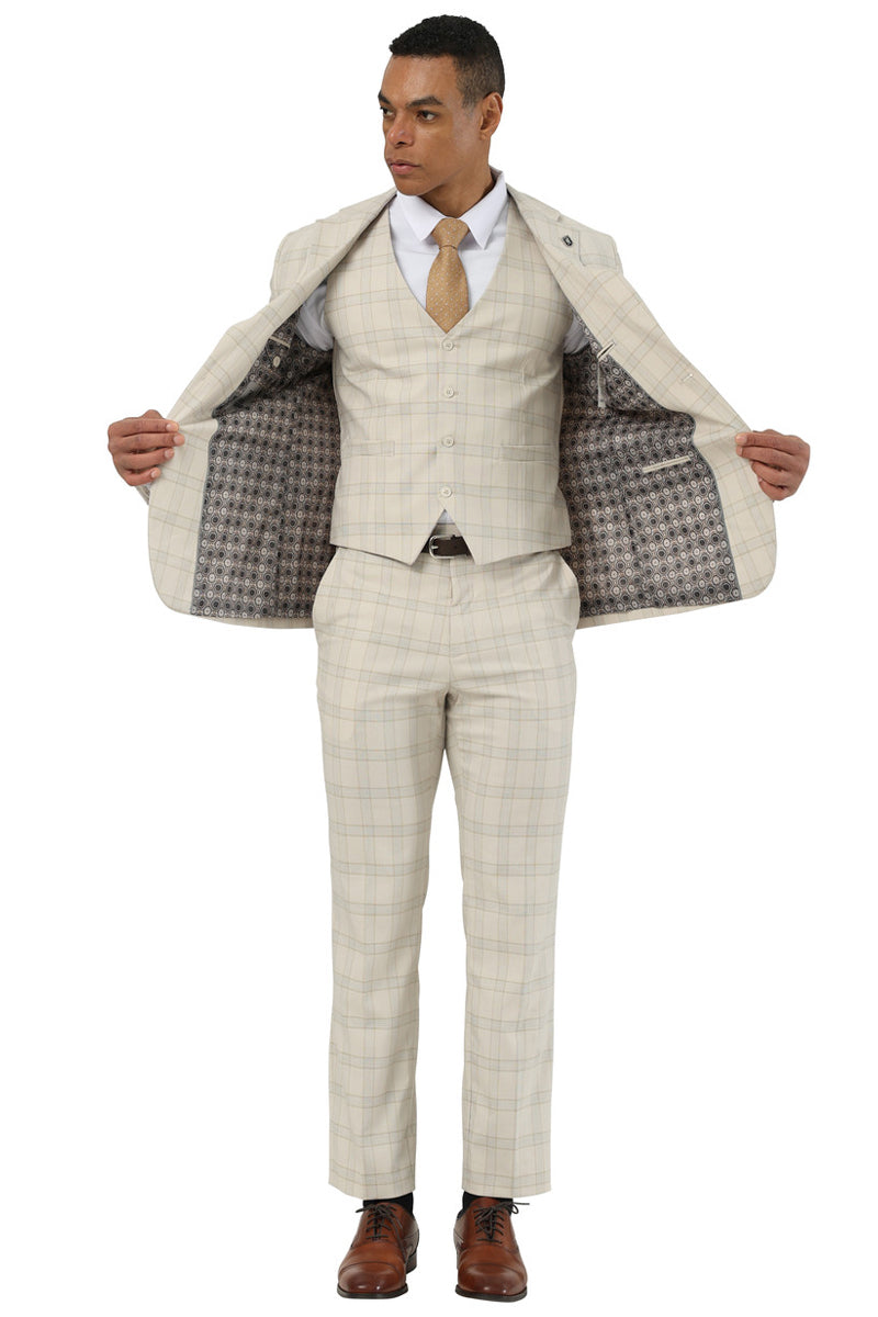 Men's Designer Stacy Adams Vested Glen Plaid Suit in Beige