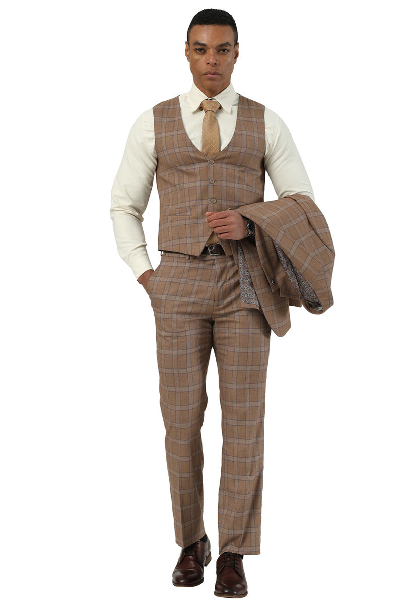 Men's Designer Stacy Adams Vested Glen Plaid Suit in Brown