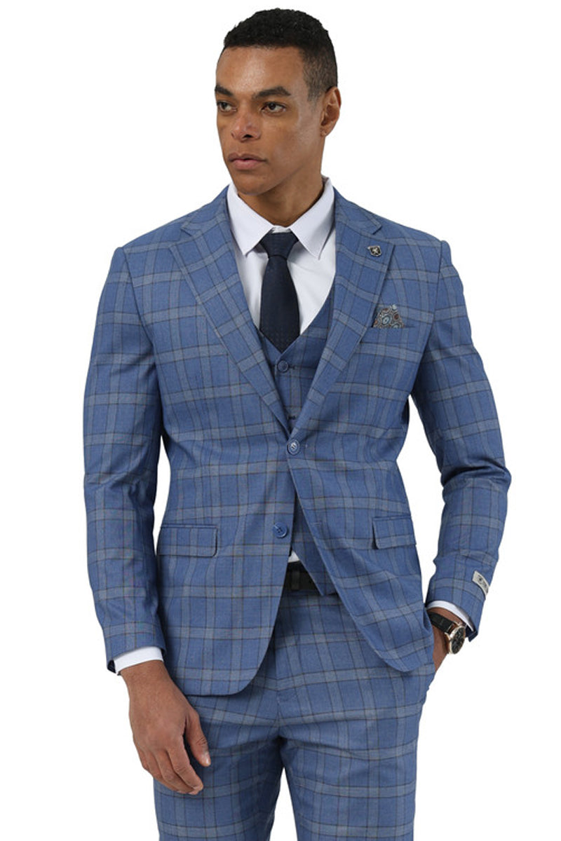 Men's Designer Stacy Adams Vested Glen Plaid Suit in Blue – SuitUSA