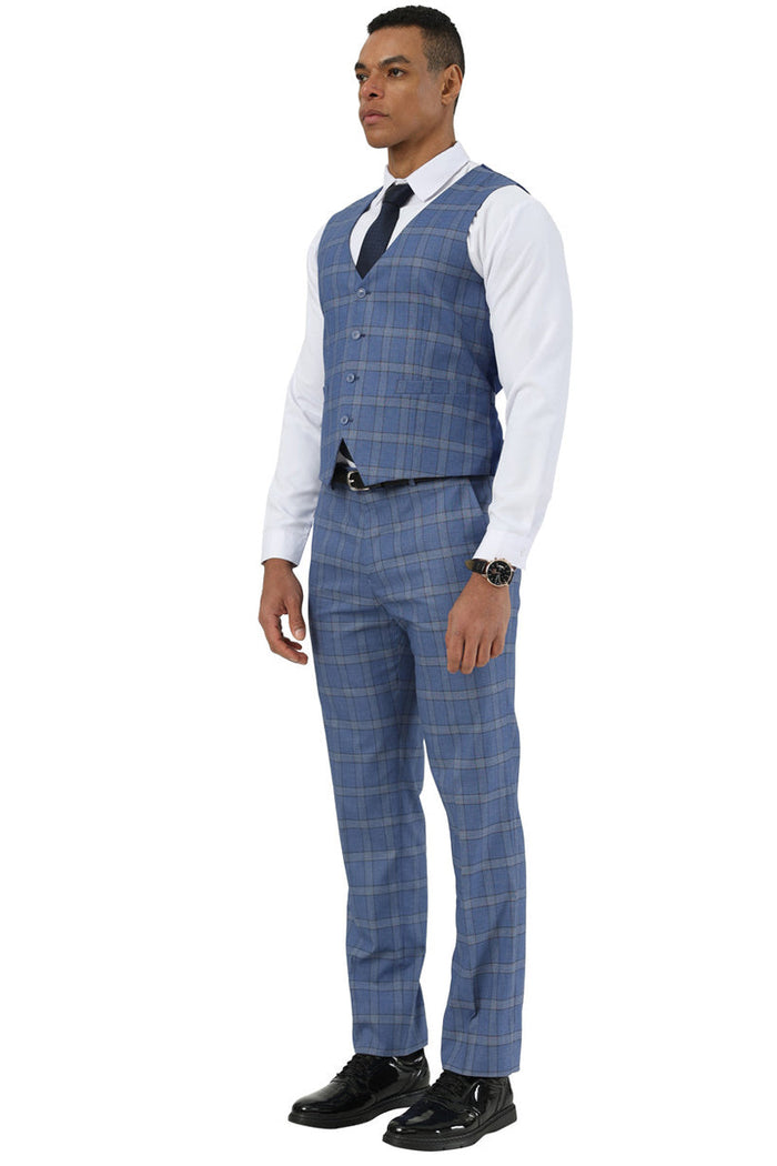 Men's Designer Stacy Adams Vested Glen Plaid Suit in Blue