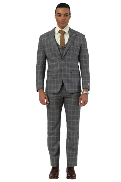 Men's Designer Stacy Adams Vested Glen Plaid Suit in Charcoal & Brown