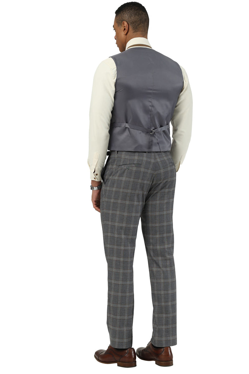 Men's Designer Stacy Adams Vested Glen Plaid Suit in Charcoal & Brown