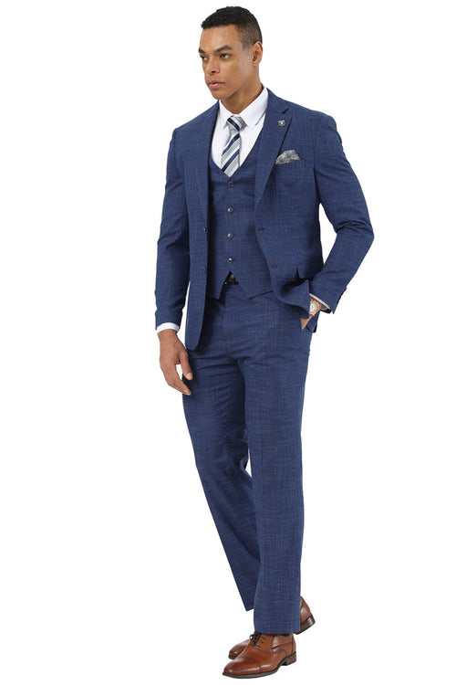 Men's Designer Stacy Adams Vested Suit in Indigo Blue Sharkskin Weave
