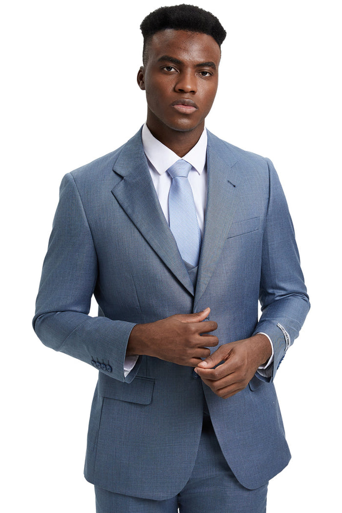 Men's Two Button Vested Stacy Adams Designer Sharkskin Suit in Steel Light Blue by Stacy Adams