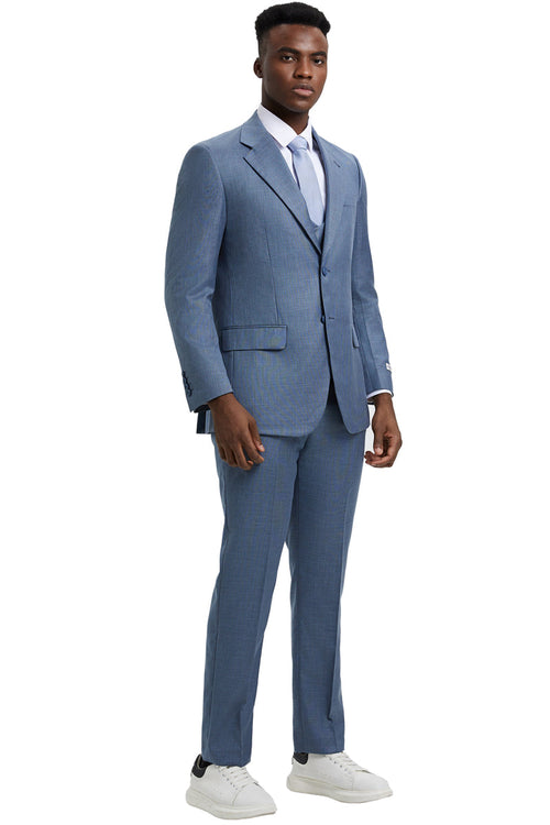 Men's Two Button Vested Stacy Adams Designer Sharkskin Suit in Steel Light Blue by Stacy Adams