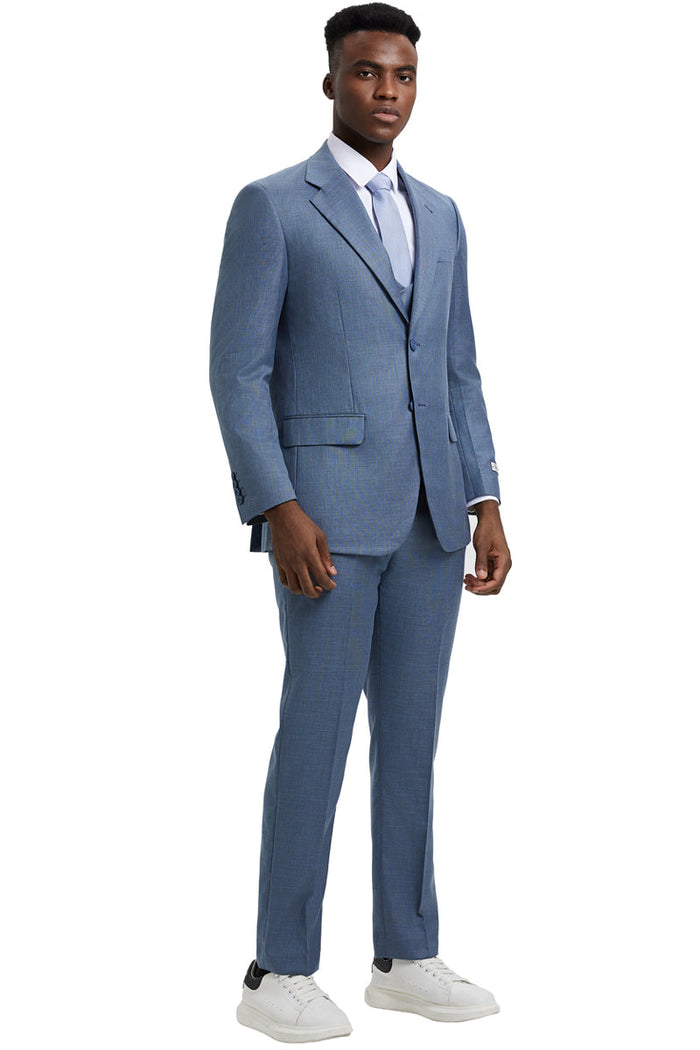 Men's Two Button Vested Stacy Adams Designer Sharkskin Suit in Steel Light Blue by Stacy Adams