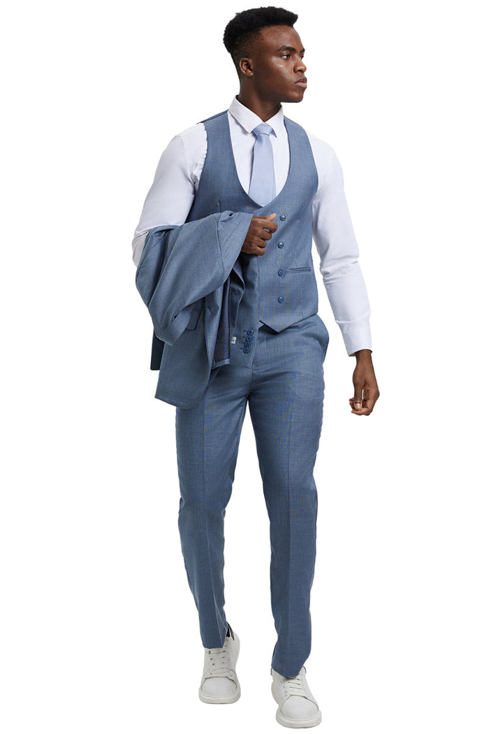 Men's Two Button Vested Stacy Adams Designer Sharkskin Suit in Steel Light Blue by Stacy Adams