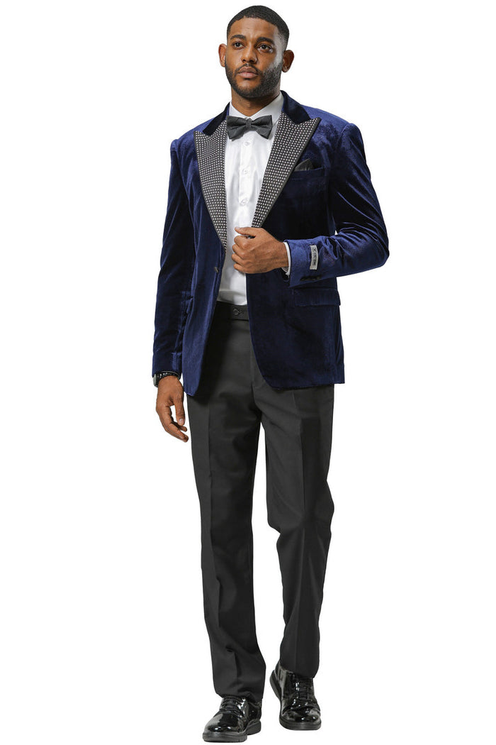 Men's Stacy Adams Velvet Wedding & Prom Tuxedo Jacket With Rhinestone Adorned Lapel in Navy