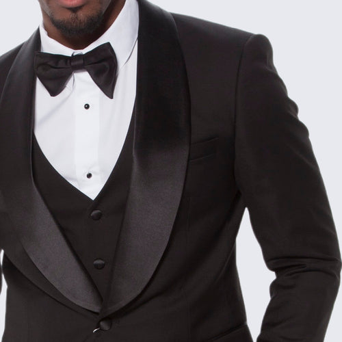 Black Slim Fit Tuxedo with Large Shawl Lapel – 3 Piece Wedding & Prom Set
