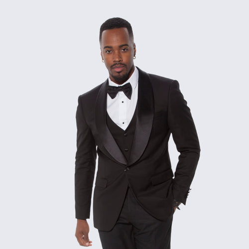 Black Slim Fit Tuxedo with Large Shawl Lapel – 3 Piece Wedding & Prom Set