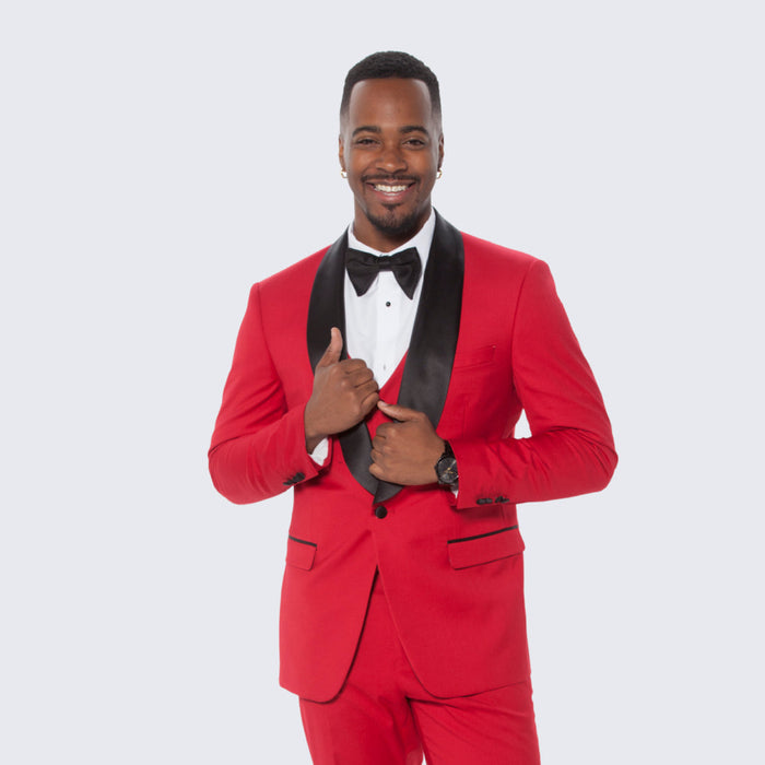 Red Slim Fit Tuxedo with Large Black Shawl Lapel – 3 Piece Wedding & Prom Set