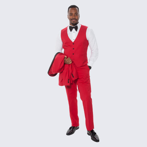 Red Slim Fit Tuxedo with Large Black Shawl Lapel – 3 Piece Wedding & Prom Set