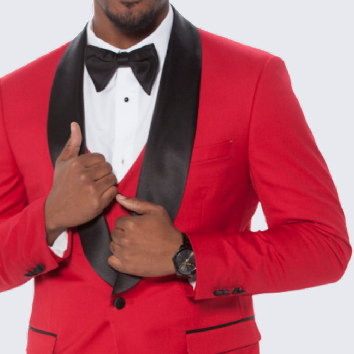 Red Slim Fit Tuxedo with Large Black Shawl Lapel – 3 Piece Wedding & Prom Set