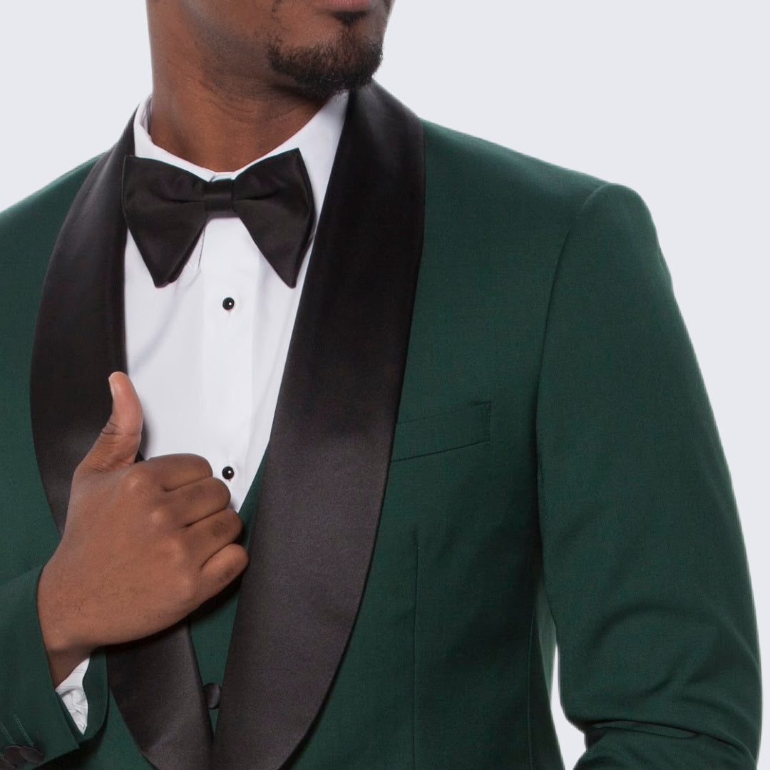Green Slim Fit Tuxedo with Large Black Shawl Lapel – 3 Piece Wedding & Prom Set