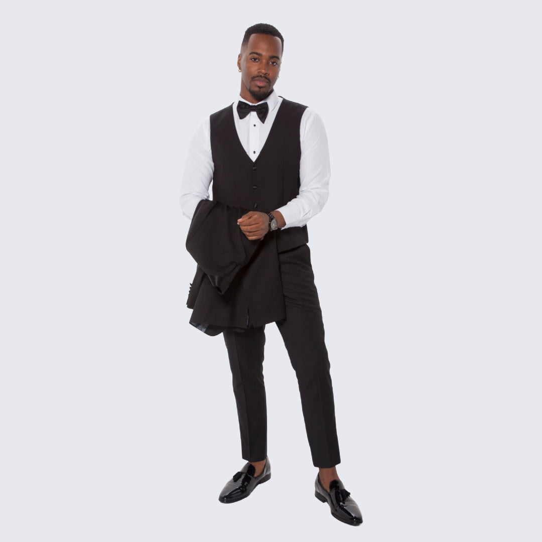 Black Slim Fit Tuxedo with Large Shawl Lapel – 3 Piece Wedding & Prom Set