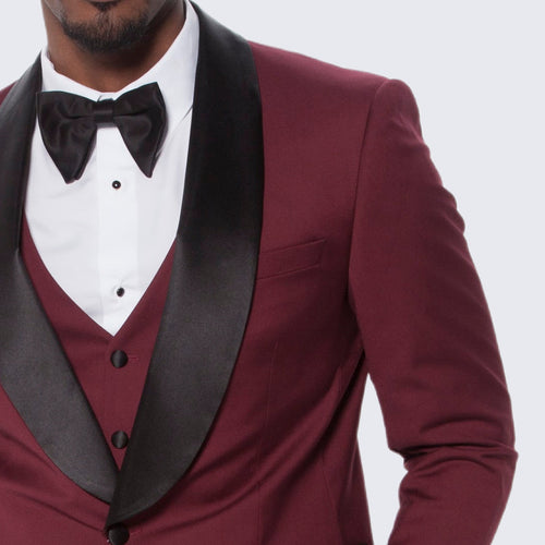 Burgundy Slim Fit Tuxedo with Large Black Shawl Lapel – 3 Piece Wedding & Prom Set