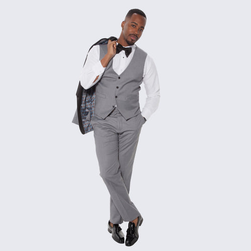 Grey Slim Fit Tuxedo with Large Black Shawl Lapel – 3 Piece Wedding & Prom Set
