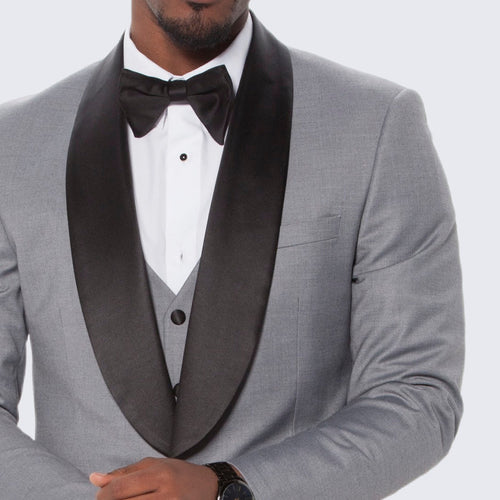 Grey Slim Fit Tuxedo with Large Black Shawl Lapel – 3 Piece Wedding & Prom Set