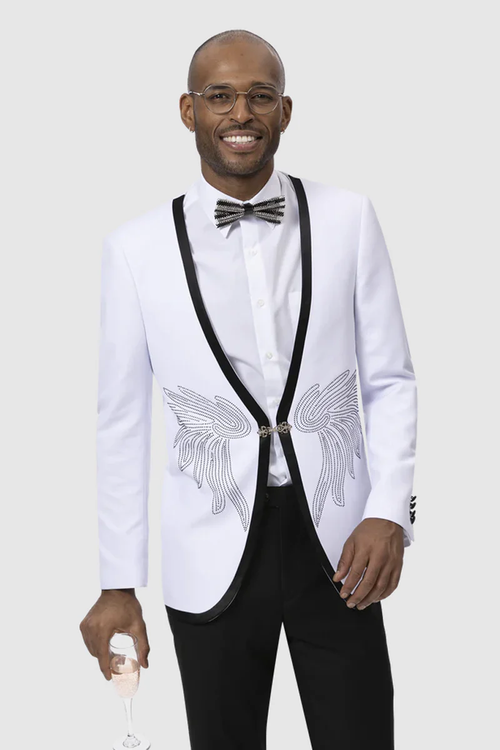 Stylish White Collarless Tuxedo Jacket for Men – Black Trim Designer Evening Wear