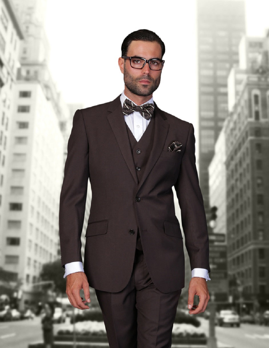 Mens 2 Button Modern Fit Vested Wool Suit in Brown by Statement
