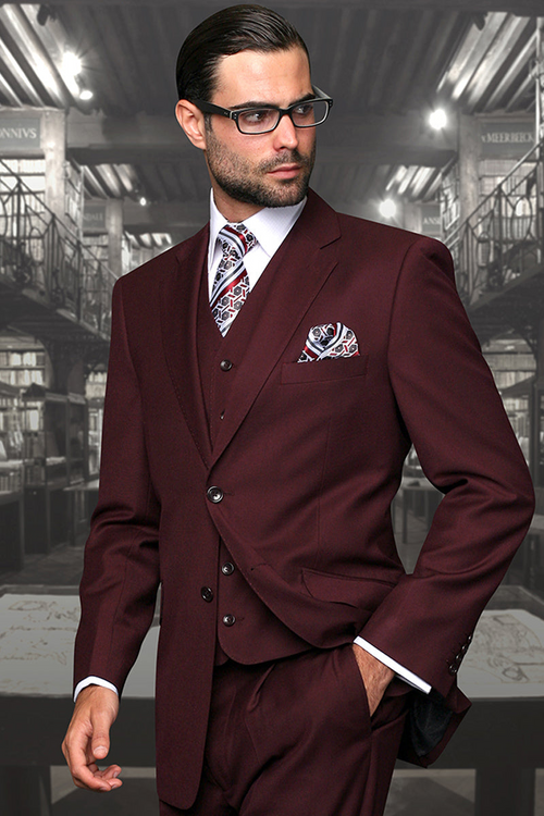 Men's Burgundy Wool Vested Suit in Modern Fit