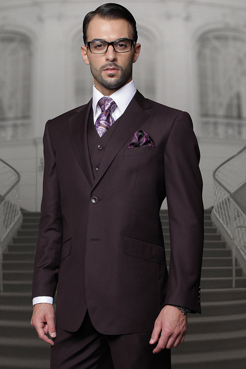 Men's Modern Vested Wool Suit in Eggplant