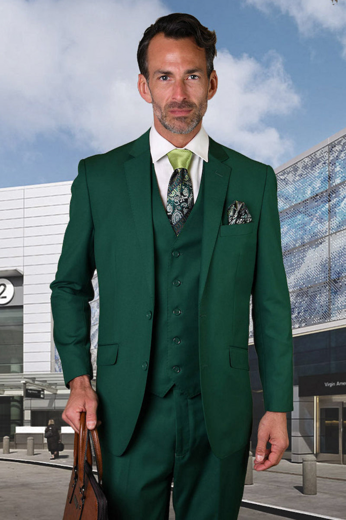 Men's Forest Green Wool Vested Suit