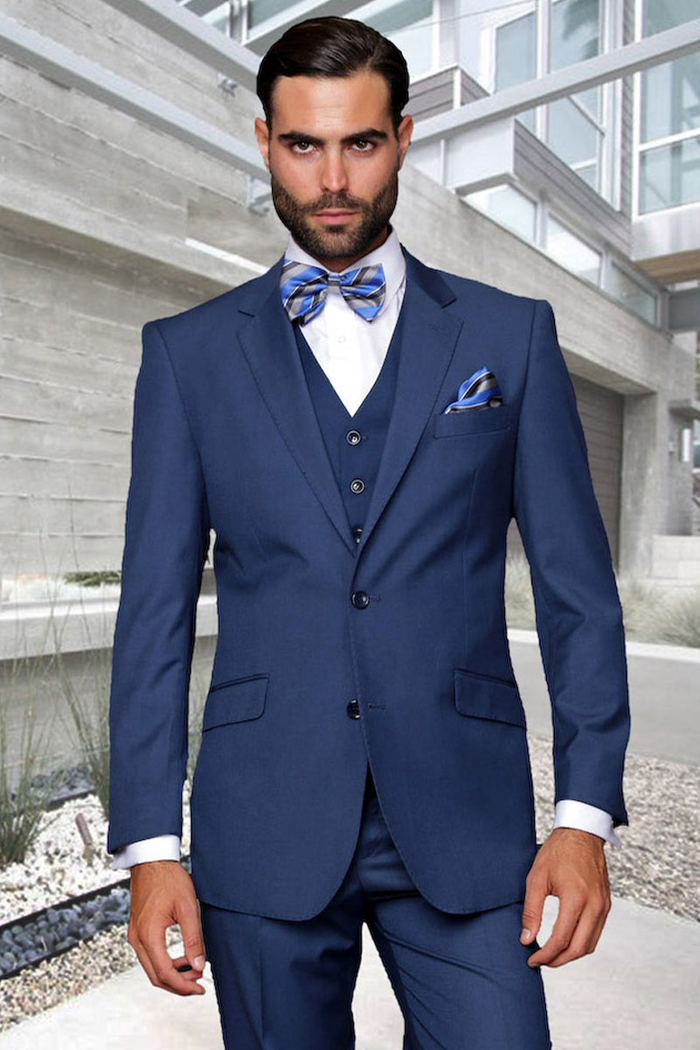 Men's Modern Fit Indigo Wool Suit with Vested Extra Long Cut