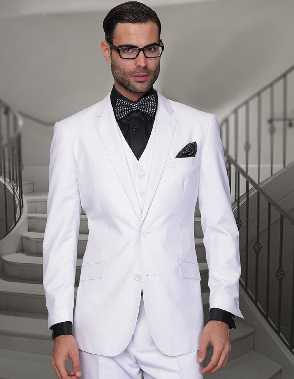 Mens 2 Button Modern Fit Vested Wool Suit in White by Statement