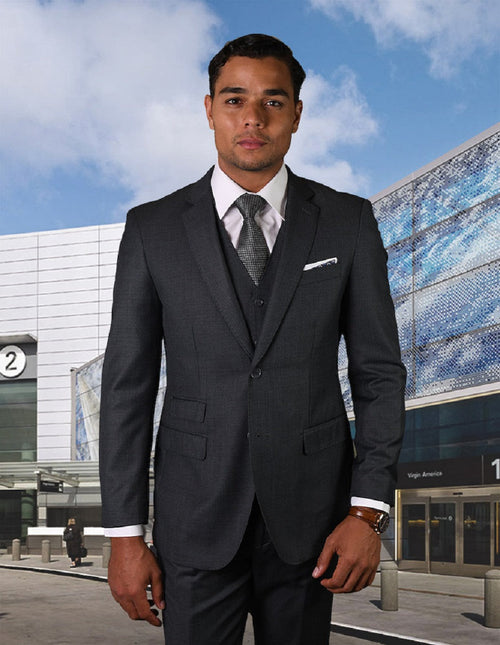 Mens 2 Button Modern Fit Vested Pick Stich Suit in Charcoal Grey Statement