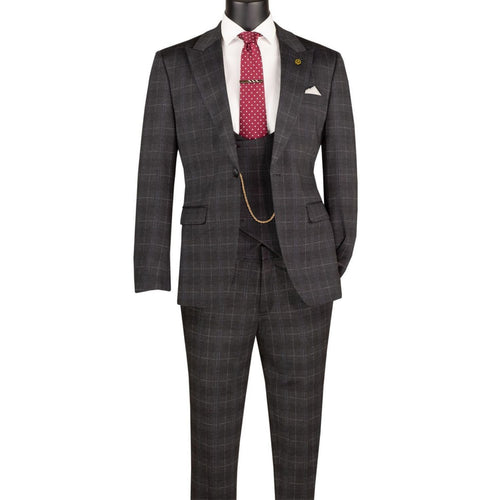 Men's black Glen Plaid 3-piece slim fit suit with matching vest and adjustable waistband