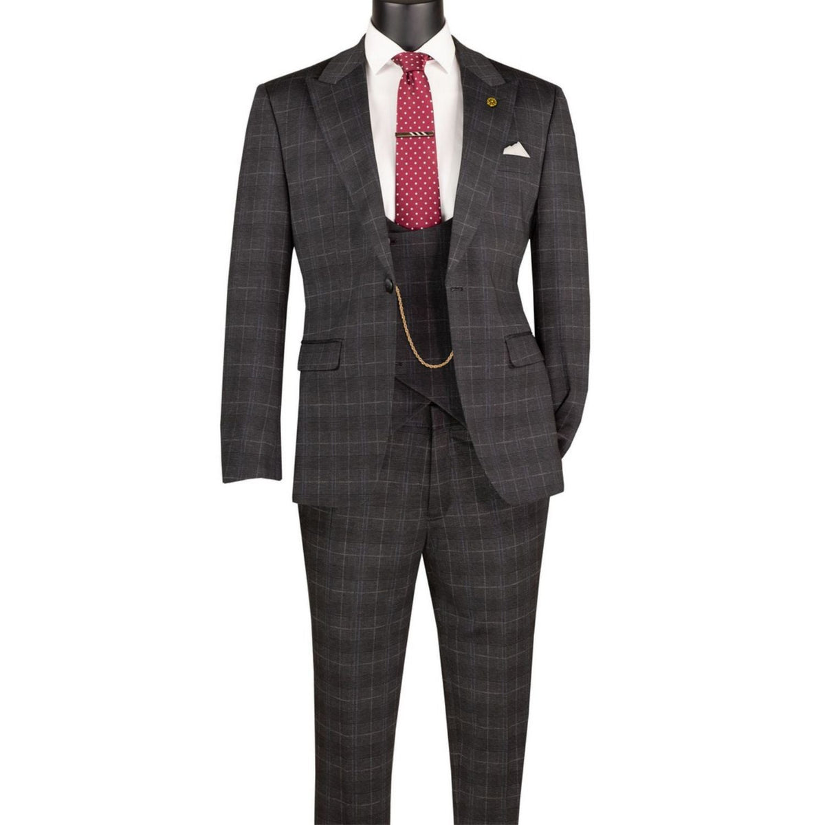 Men's black Glen Plaid 3-piece slim fit suit with matching vest and adjustable waistband