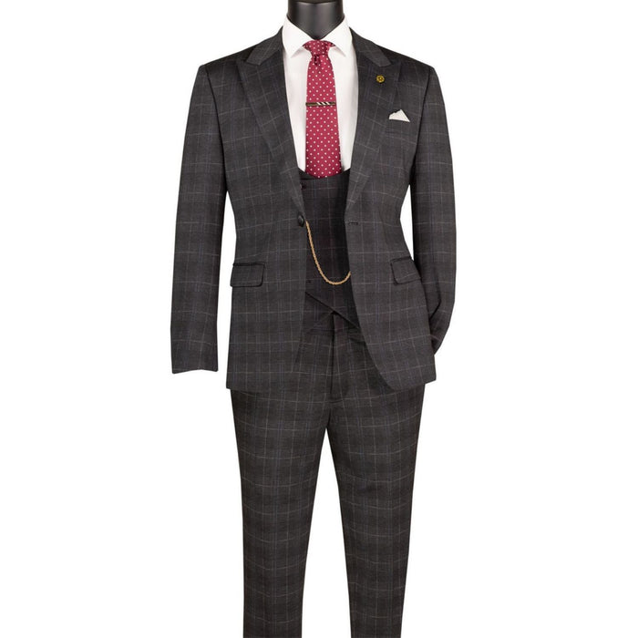 Men's black Glen Plaid 3-piece slim fit suit with matching vest and adjustable waistband
