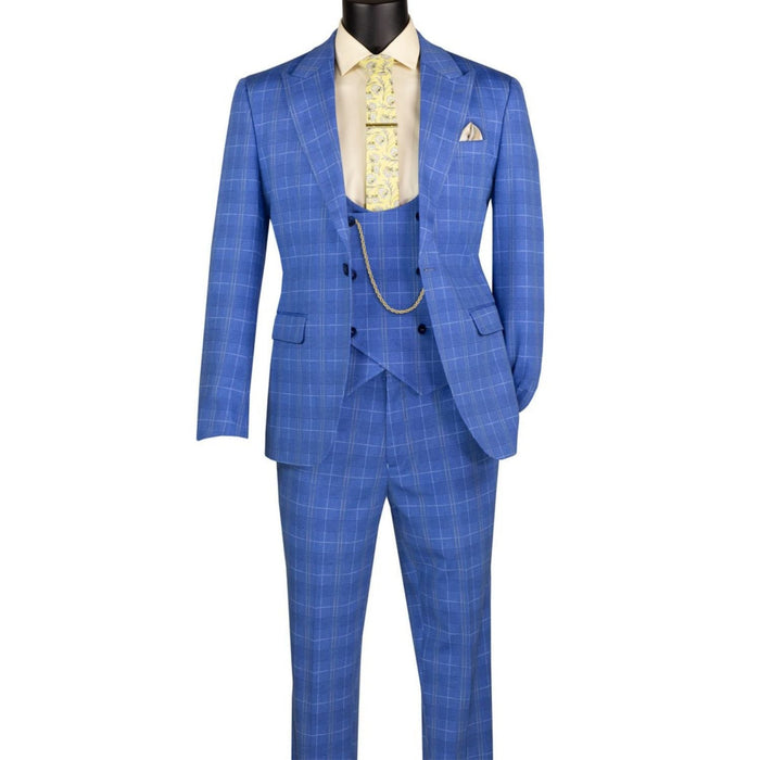 Men's blue Glen Plaid 3-piece slim fit suit with matching vest and adjustable waistband