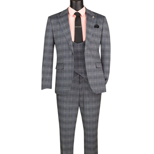 Men's grey Glen Plaid 3-piece slim fit suit with matching vest and adjustable waistband