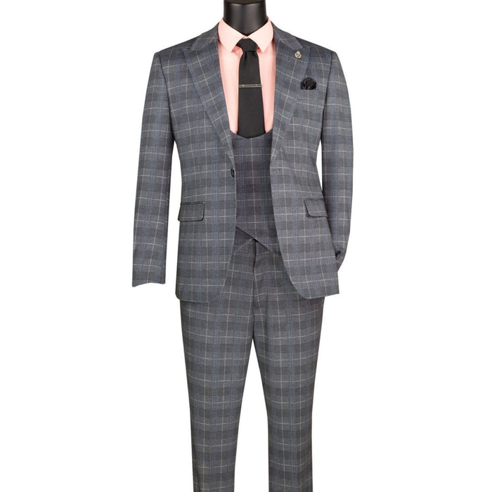 Men's grey Glen Plaid 3-piece slim fit suit with matching vest and adjustable waistband