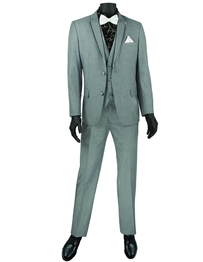 Designer Gray Prom Tuxedo - Grey Wedding Suit with Satin Trim
