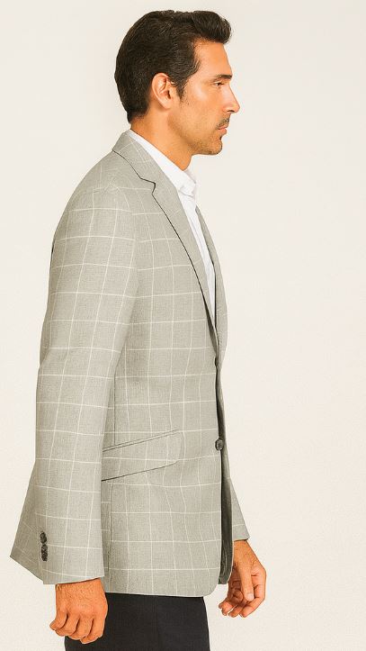 Renoir Sport Coat Blazer - Slim Fit, 2 Buttons, Light Grey Ash Windowpane Plaid