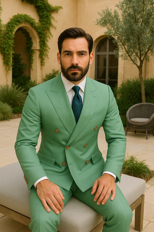 Mens Sage Green Double-Breasted Suit with Gold Buttons - Formal Slim Fit 2-Piece Pistachio Color by USA Men's Outlet