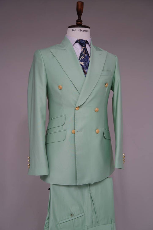 Mens Sage Green Double-Breasted Suit with Gold Buttons - Formal Slim Fit 2-Piece Pistachio Color by USA Men's Outlet