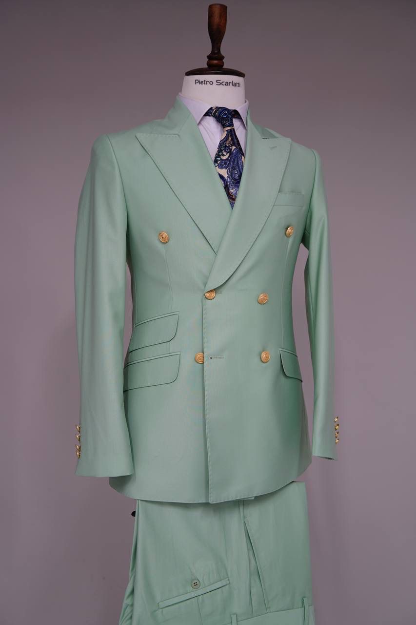 Mens Sage Green Double-Breasted Suit with Gold Buttons - Formal Slim Fit 2-Piece Pistachio Color by USA Men's Outlet