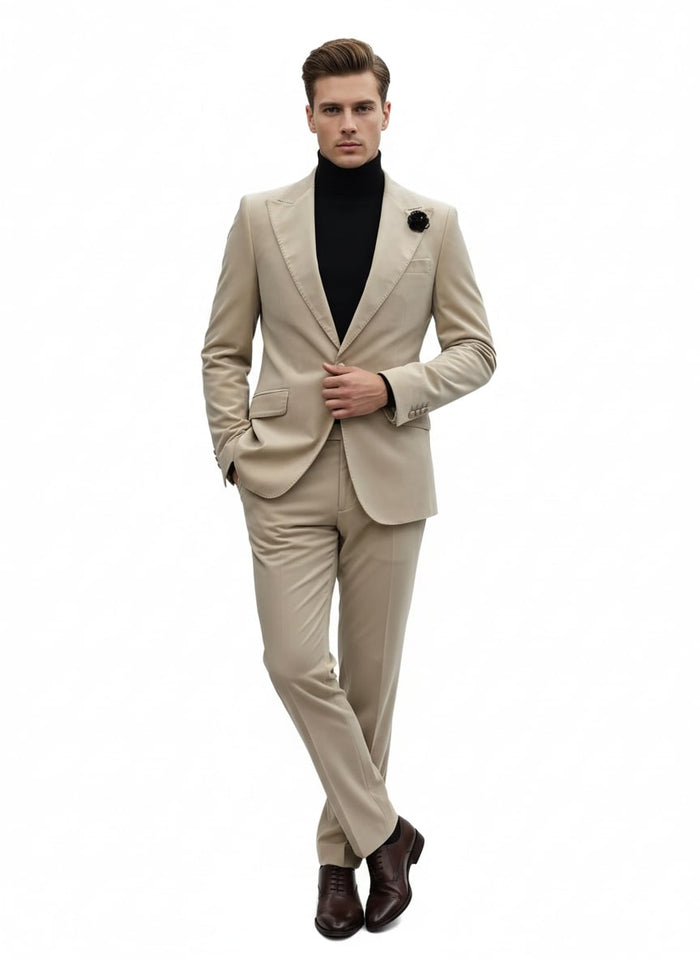 Mens Sand Beige Velvet Tuxedo Suit - 2 Piece Slim Fit Blazer and Pants Formal Set - Winter Fabric Natural Color by USA Men's Outlet