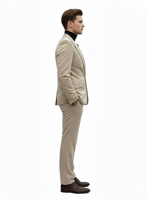 Mens Sand Beige Velvet Tuxedo Suit – 2 Piece Slim Fit Blazer and Pants Formal Set - Winter Fabric Natural Color
