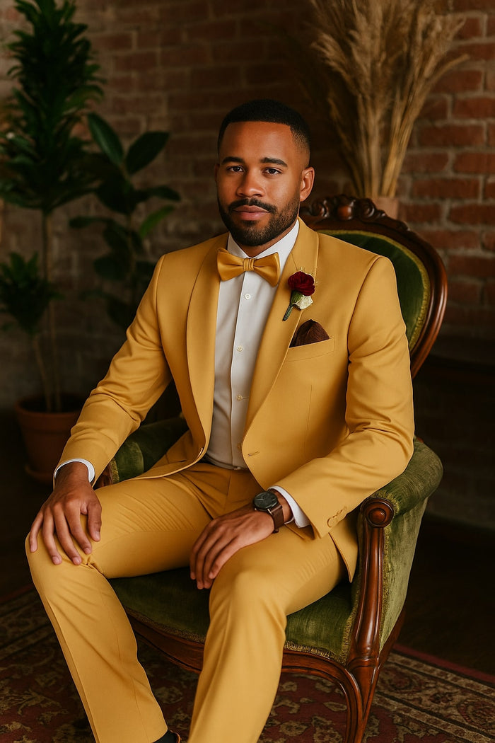 Light Gold Tuxedo Suit for Men - Elegant Two-Piece Wedding and Prom Suit with Satin Shawl Lapel - Mustard Color by USA Men's Outlet