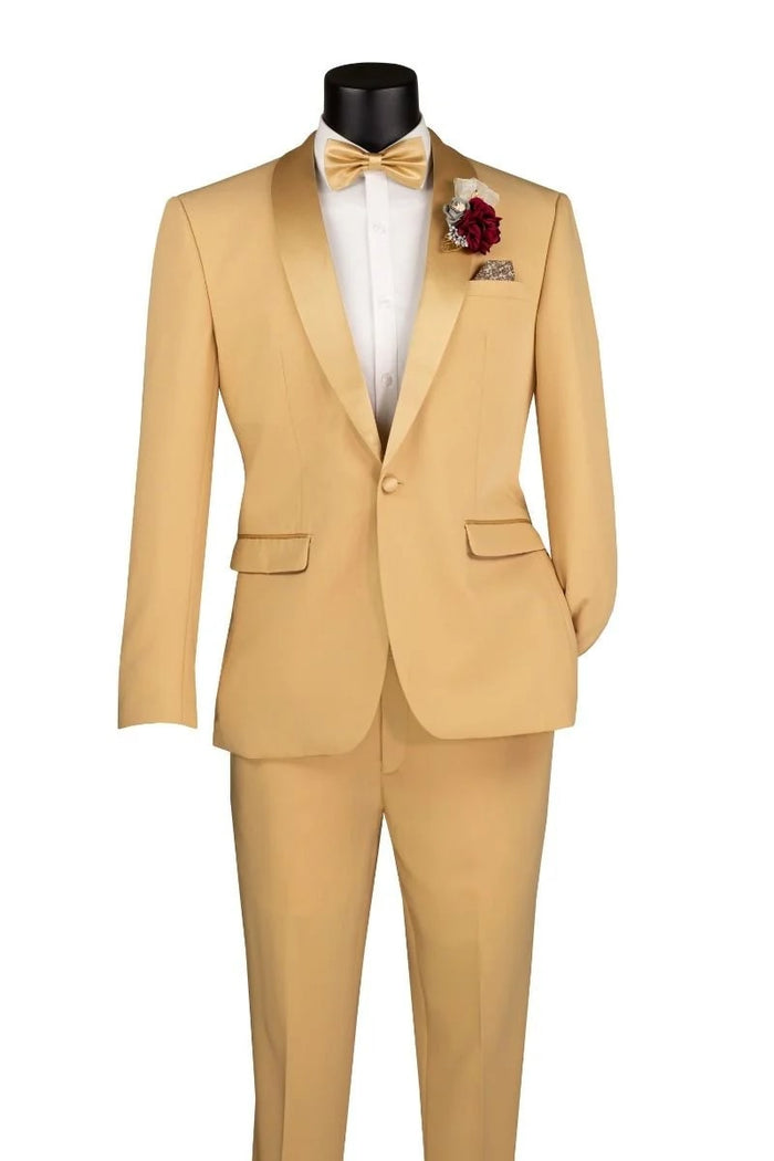 Light Gold Tuxedo Suit for Men - Elegant Two-Piece Wedding and Prom Suit with Satin Shawl Lapel - Mustard Color by USA Men's Outlet